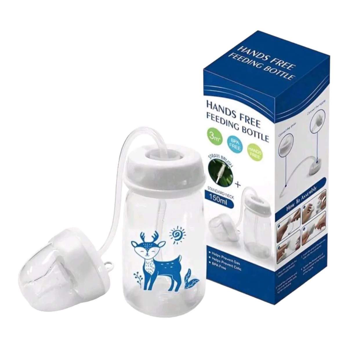 Hands-Free Baby Feeding Bottle Set 150ml - Anti-Colic Design - Blue