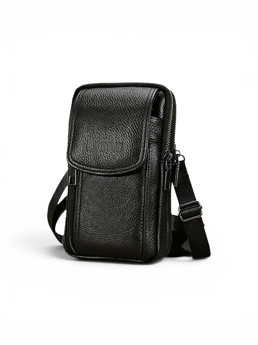 701-Multifunctional genuine leather mobile phone waist bag/crossbody bag - Black