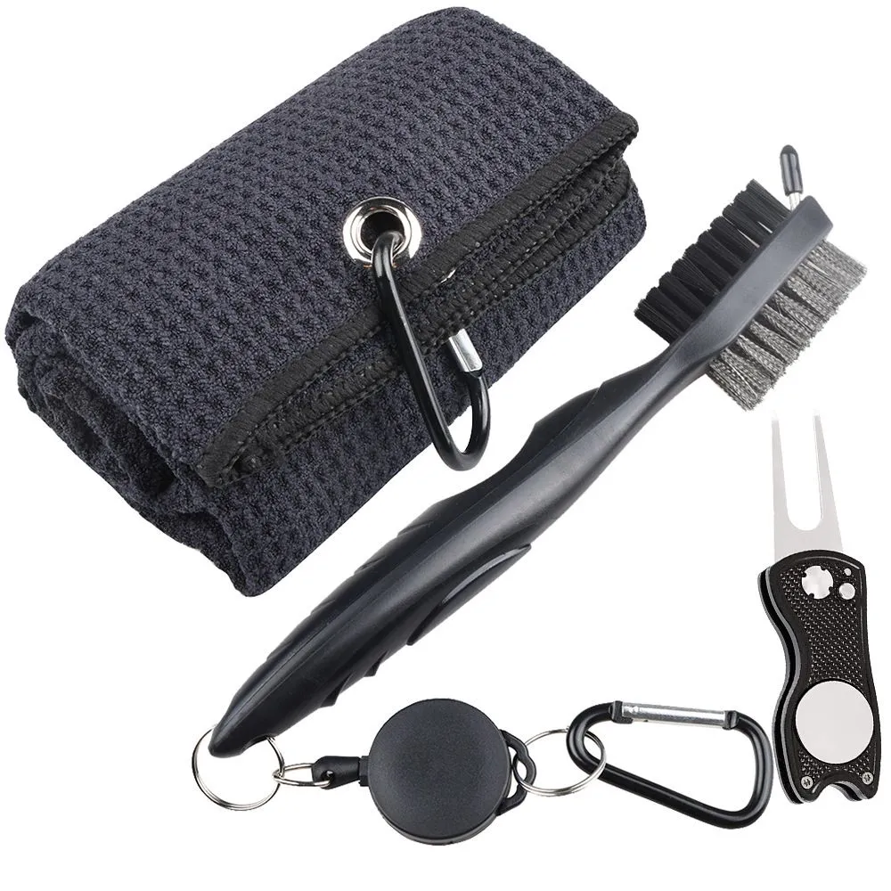 Microfiber Tri-Fold Golf Towel Golf Club Brush & Golf Divot Tool Set - Black