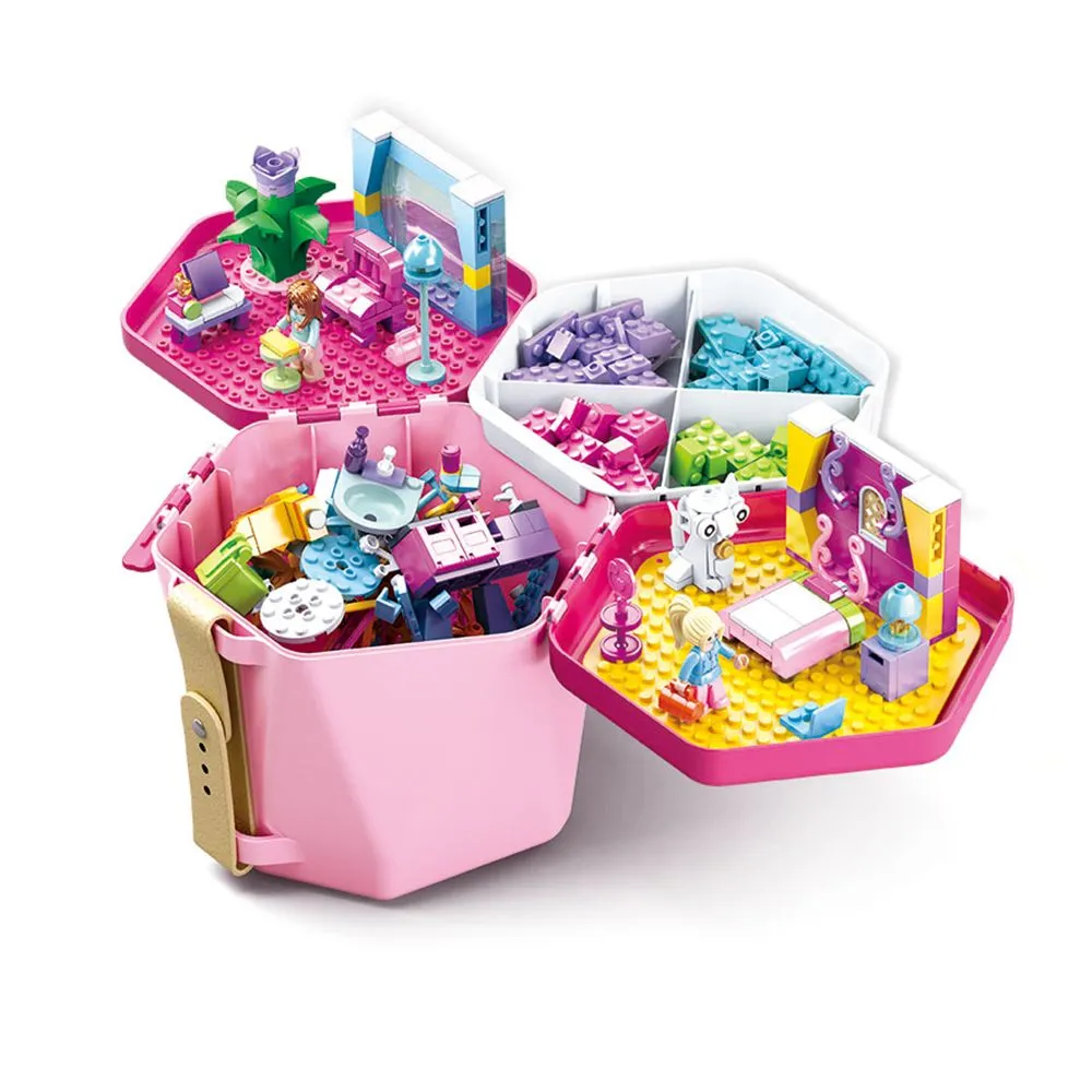 Sluban Pink Block Bucket & Building Bricks Set: 348 Building Bricks
