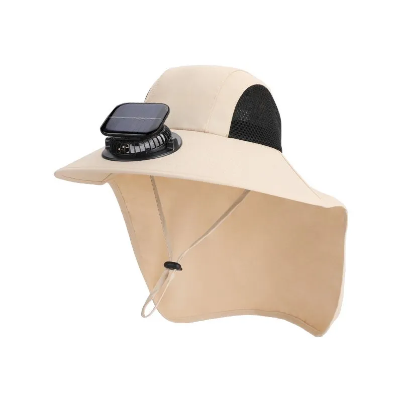 Unisex Solar Fan Sun Hat - Wide Brim - 50UV Protection - Fishing Hat - Beige