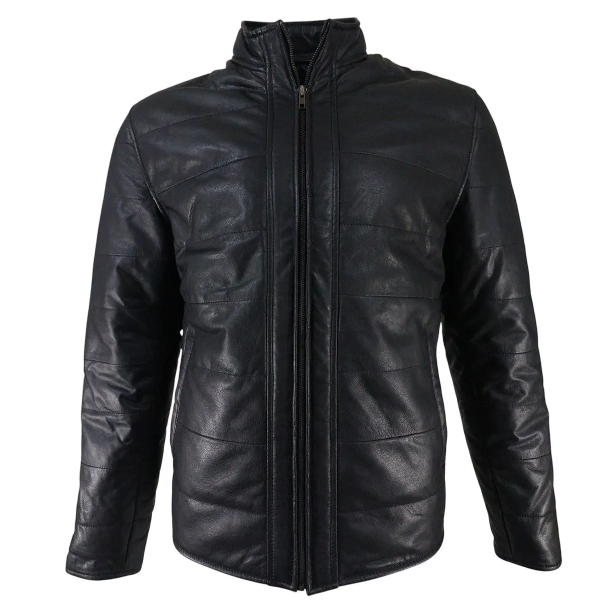 Mens Regular Fit Sheep Leather Minimal Puff Jacket - Black