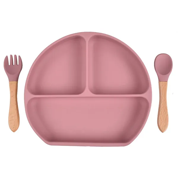 Silicone Plate and Cutlery Set with Suction Base for Baby and Toddler - Dark Pink