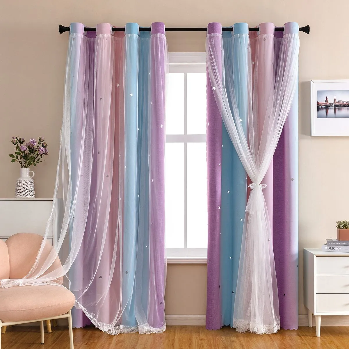 Rainbow Blackout Curtains in Purple for Rooms Girl Princess Curtain