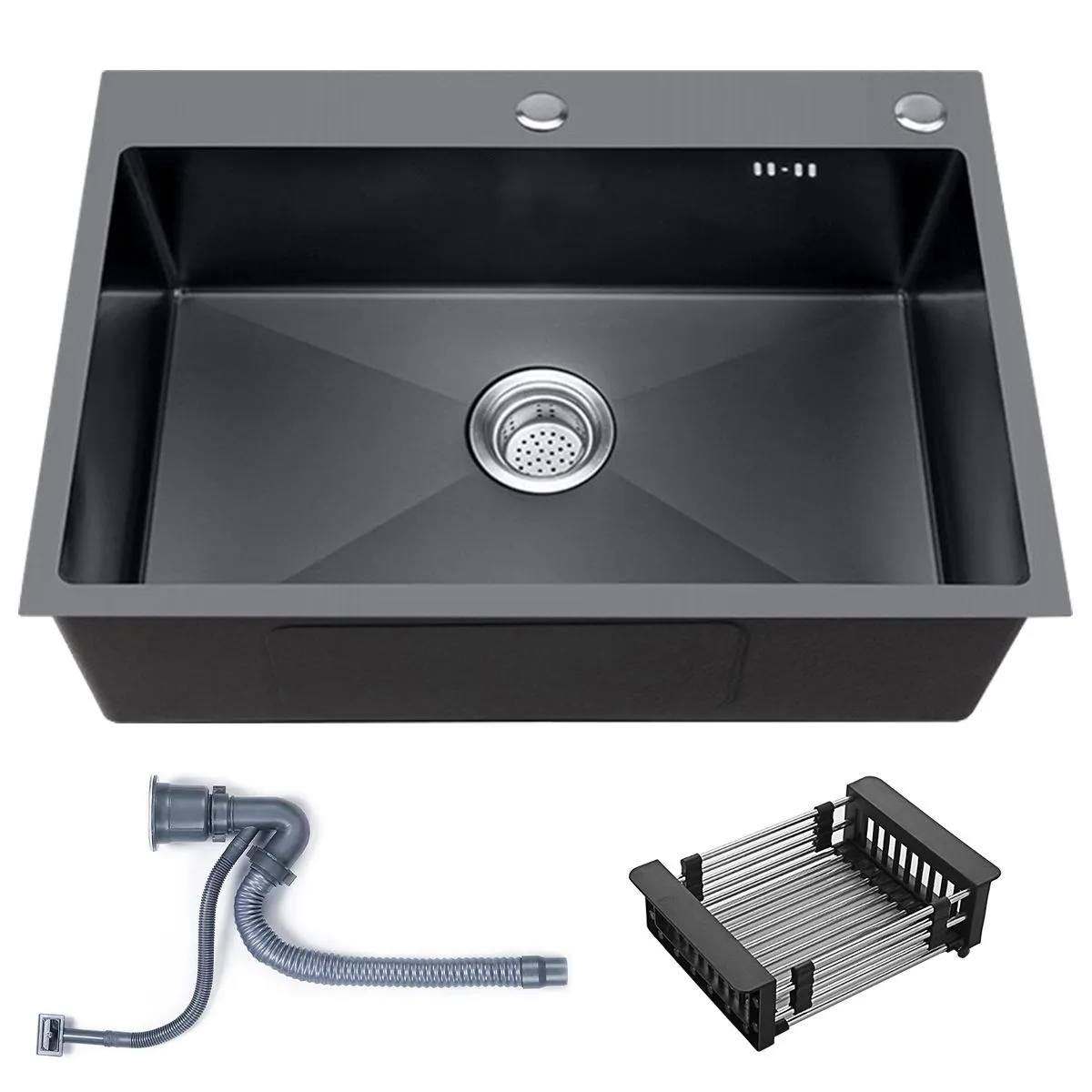 Single Bowl Kitchen Sink With Downpipe And Drain Basket-65X45CM - Black
