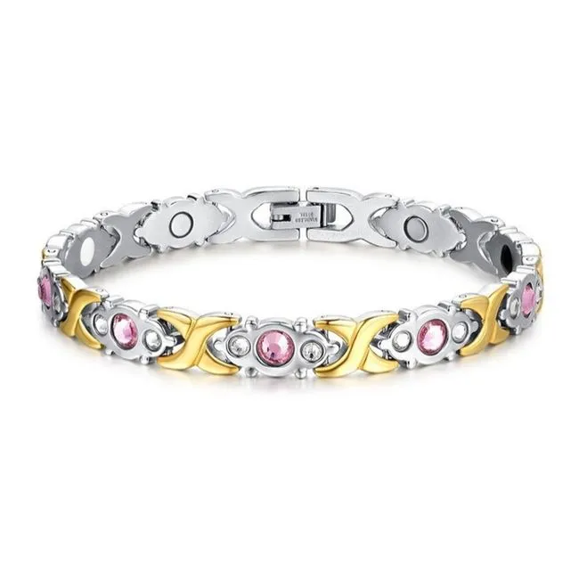 Women Therapeutic Weightloss Magnetic Cubic Zirconia Bracelets - Gold & Silver + Pink