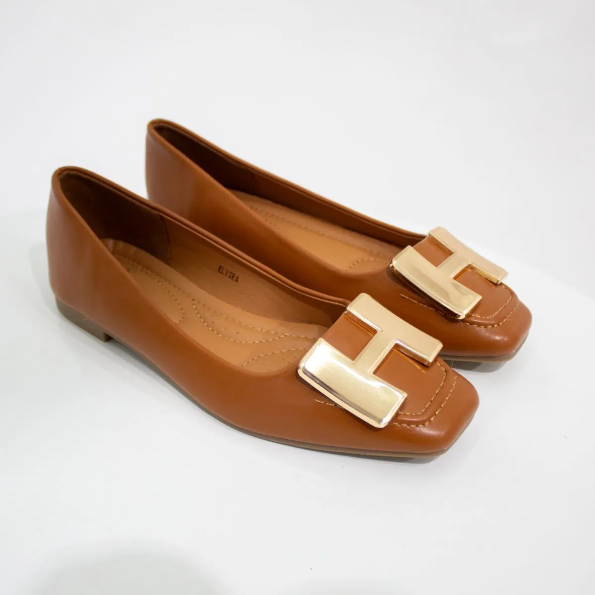 LaMara Paris Alvira Gold H-Trim Faux Leather Pump Shoes Brown