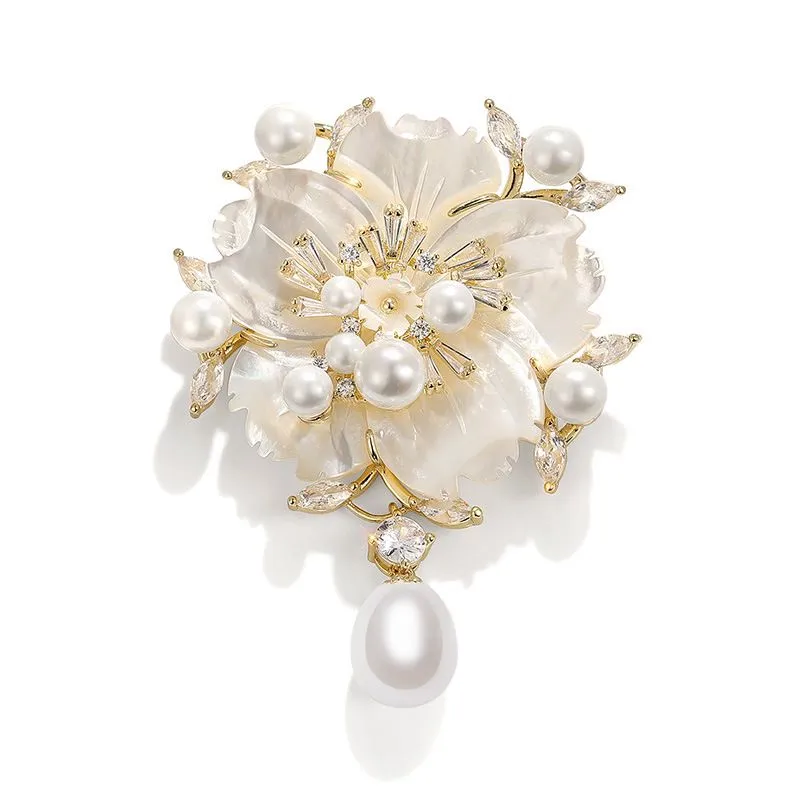 Luxury Pearl Camellia & Plum Blossom Zircon Brooch for Women