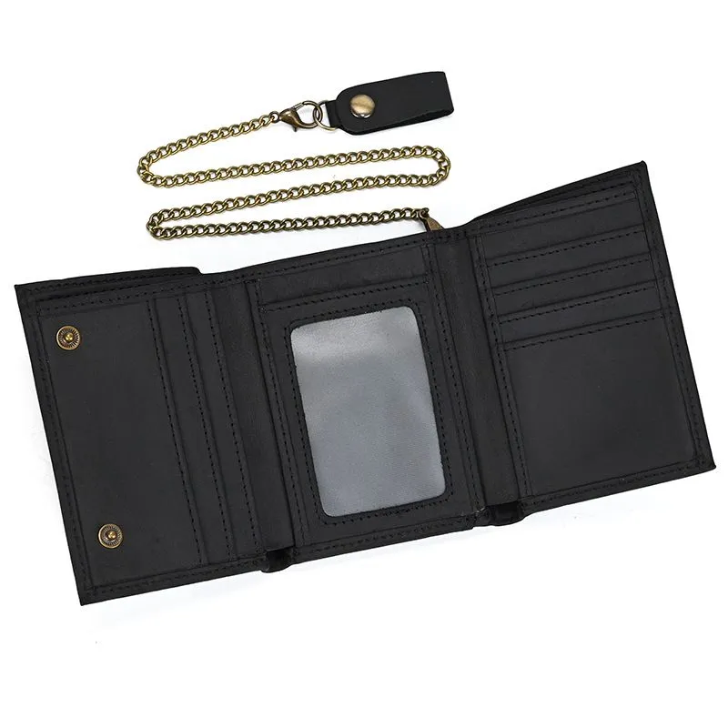Vintage Leather Tri-Fold Wallet - Multi-Card, Coin Key Holder - Black