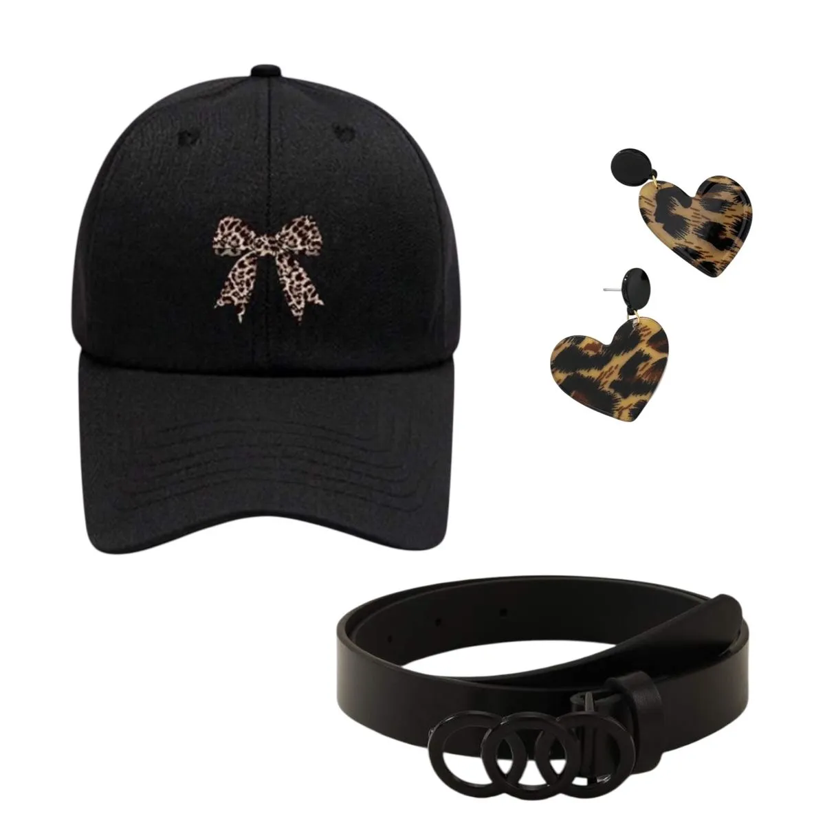 Women's Casual Set - Adjustable Cap, Leopard Print Earrings & Black Belt