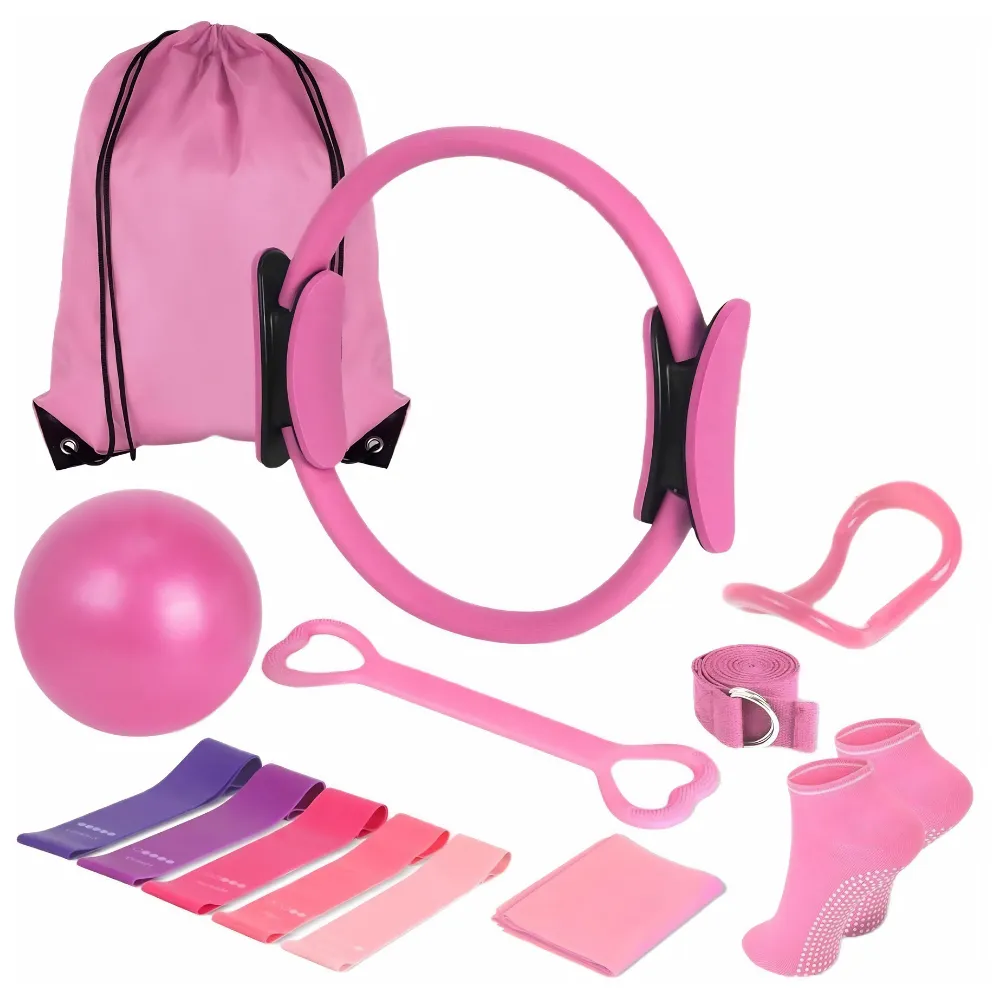 13PCS Yoga Fitness Set with Pilates Ring, Ball & Bands Kit - Pink