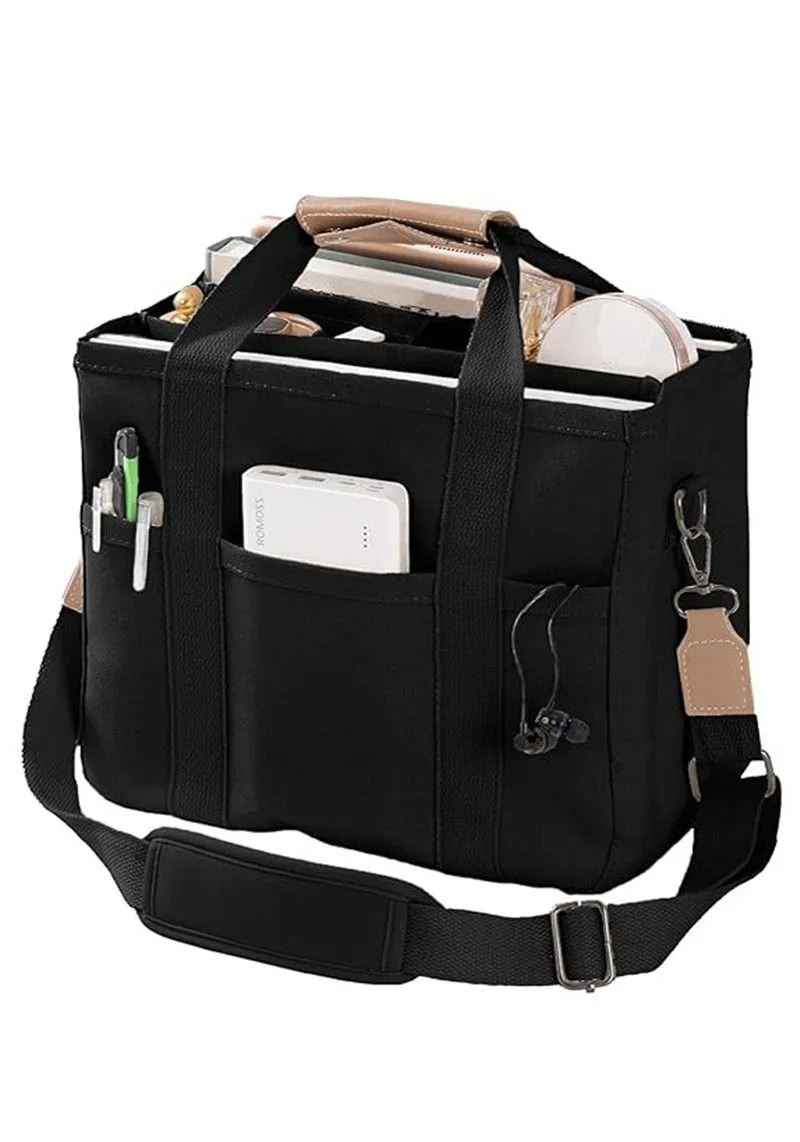 Canvas Tote Bag with Multi Pockets Crossbody Tote Bag for Women - Black