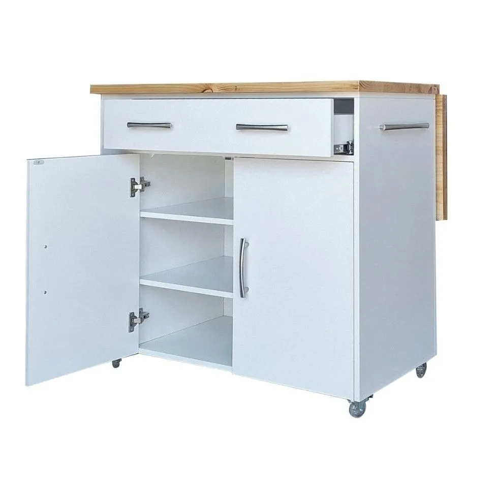 Large Kitchen Island on Wheels with Fold-Out Table & Shelves - White - Pine  - Natural