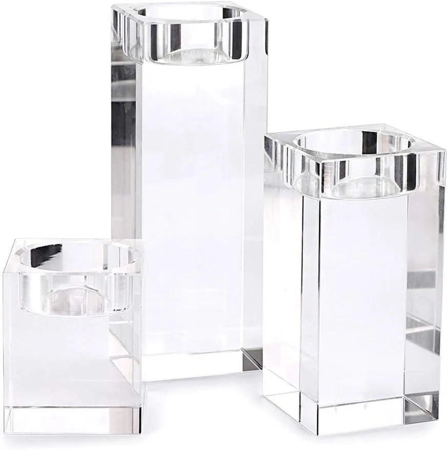 3 Pcs Elegant Glass Crystal Square Candle Holders -Transparent