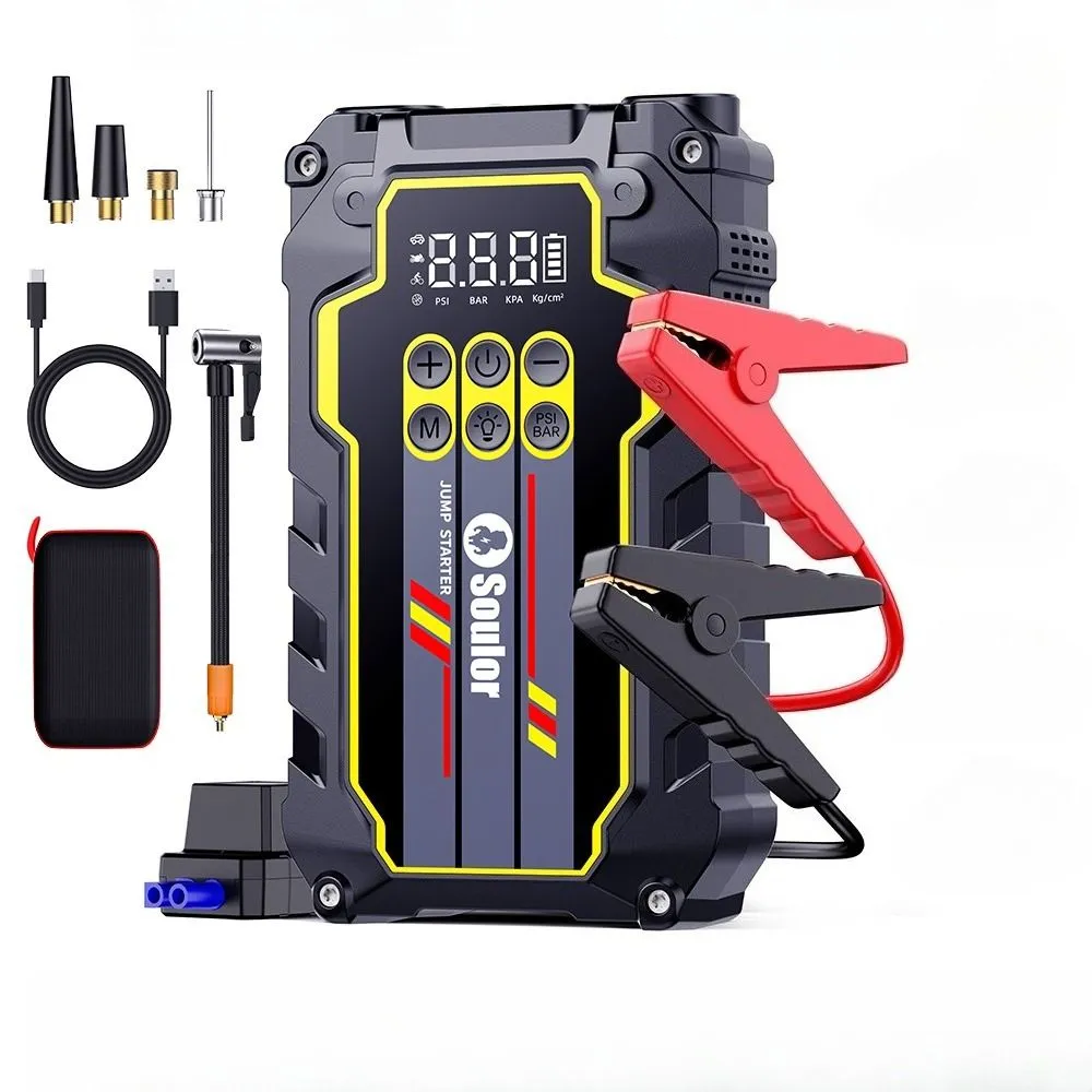 Portable 2-in-1 jump starter and air pump kit for emergency use. - Black, Silver