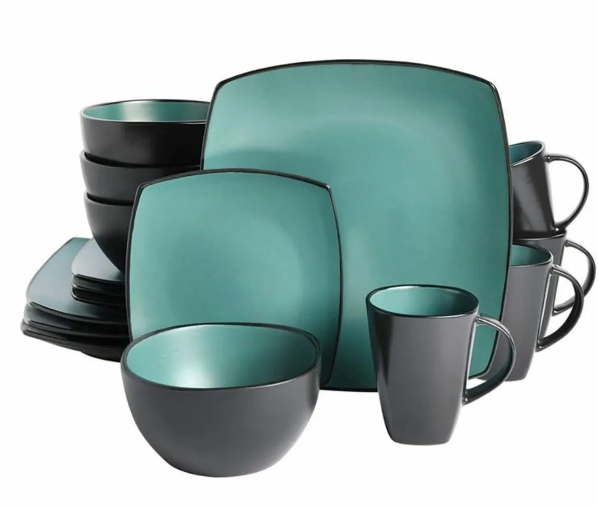Dream World 16 Pieces Square Ceramic Dinner Set - Green, Black