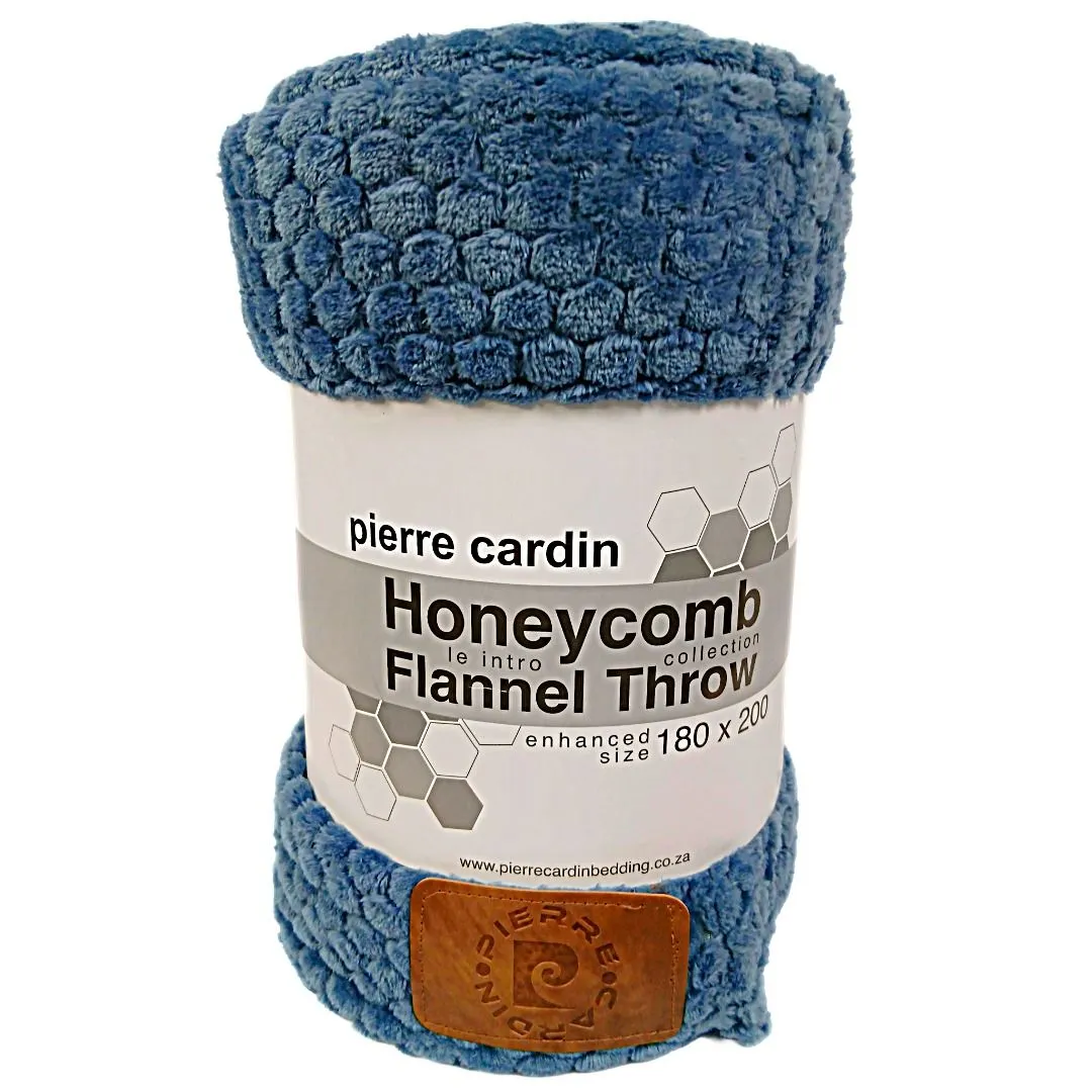 Pierre Cardin Honeycomb Flannel Throw 180x200cm - Textured Blanket - Blue