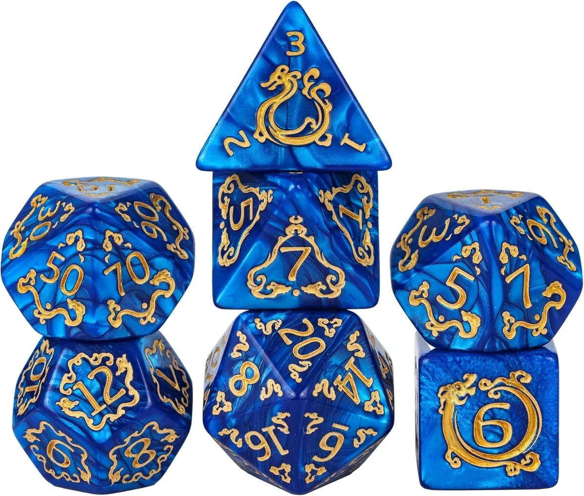 Different Colors 7-Piece Dragon Filigree Polyhedral Dice Set - Blue, Gold