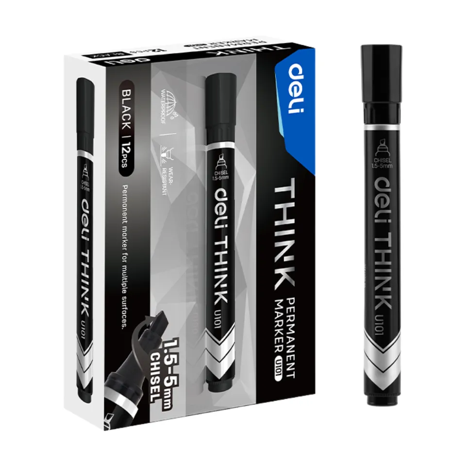 DELI Permanent Marker Waterproof Chisel Tip 1.5-5mm Black - 12 Piece
