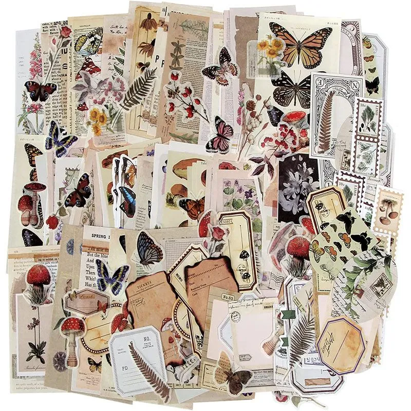 Vintage Ephemera Scrapbook Sticker & Paper Bundle Set Nature Pack 200 Piece