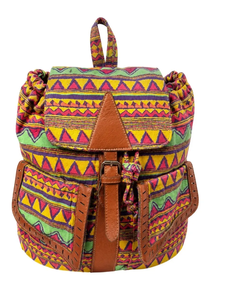 Boho Aztec Canvas Backpack with Multiple Pockets