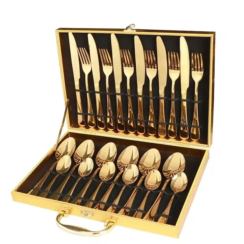 Stainless Steel Knife Fork and Spoon 24 Pieces Set with Gift Box - Gold