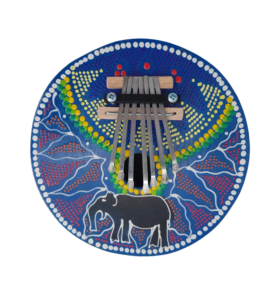 Mbira / Thumb Piano - Real Coconut Shell Painted Elephant Design - 7 Keys - Blue