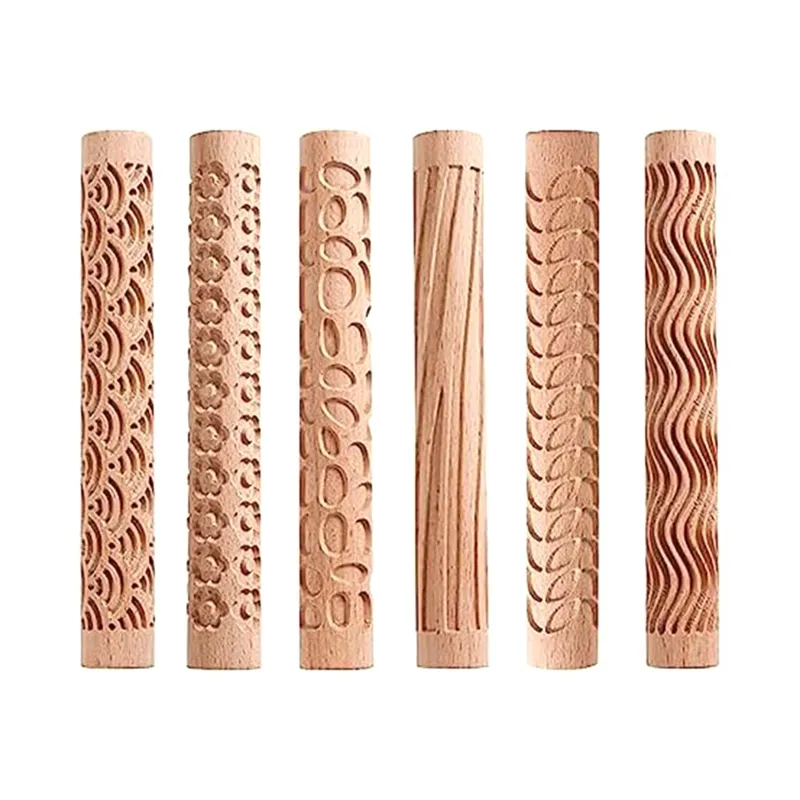 Set of 6 Wood Clay Modeling Pattern Rollers Kit