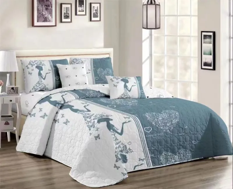 5pc Quilt Set White Turquoise Bedspread Set
