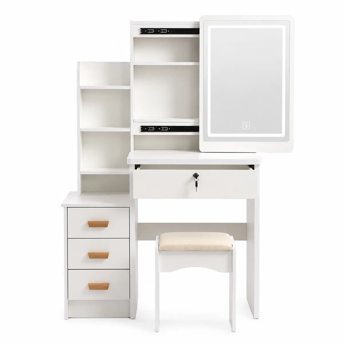 White Vanity Desk with Chair, 3 Modes, Lighted Mirror Bedroom Makeup Table