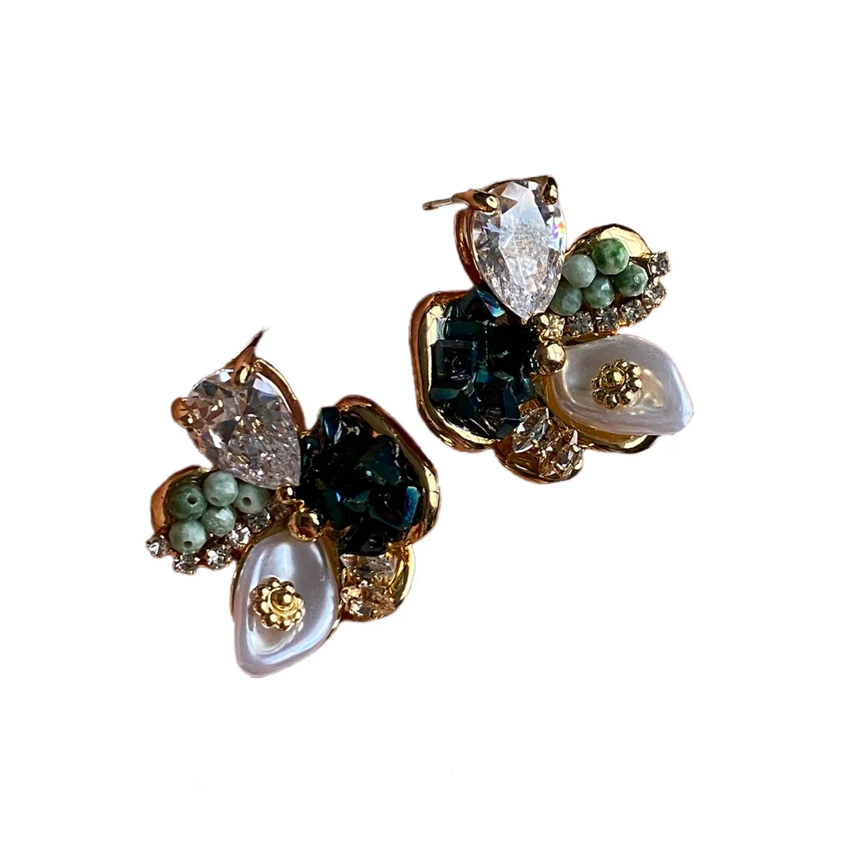 Baroque Colourful Gem Floral Stud Earrings Women Steel Jewellery - Green