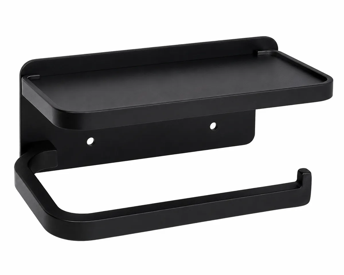 Matte Black Toilet Paper Holder Shelf | Wall Mounted Bathroom Storage Rack
