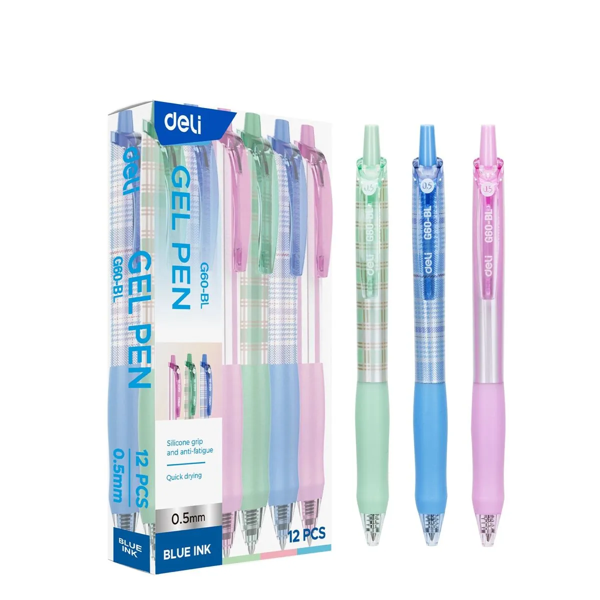 Deli Retractable Gel Pen Bullet Tip 0.5mm Blue, 12 pcs