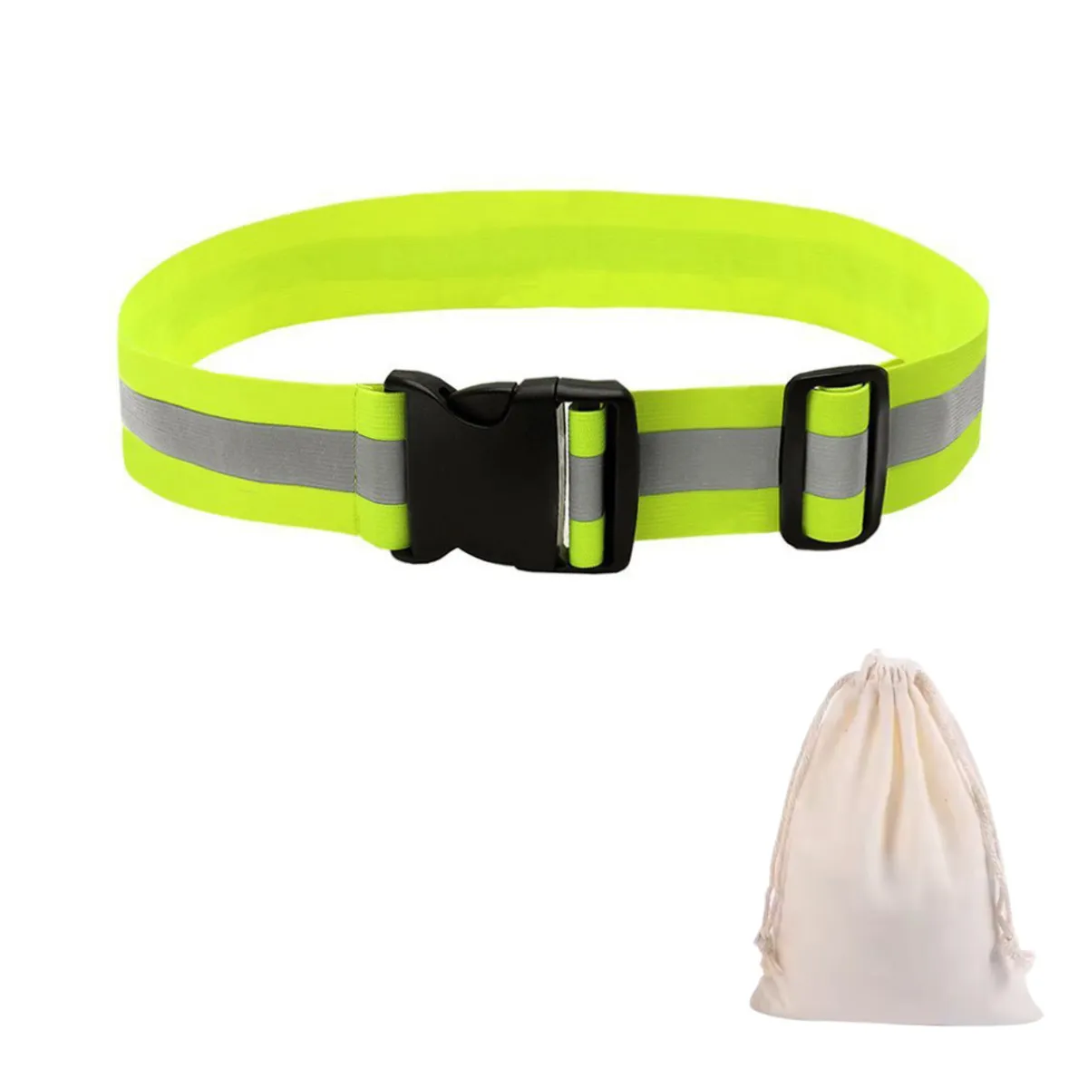 Reflective Safety Running Belt with Cotton Storage Drawstring Bag - Neon Green