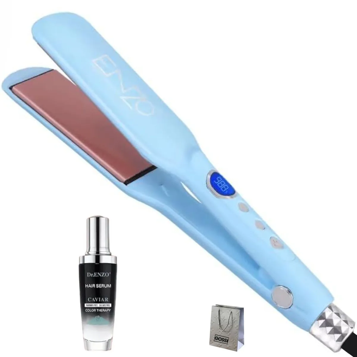 Enzo Titanium Tourmaline Hair Straightener & Caviar Colour Therapy Serum - Blue