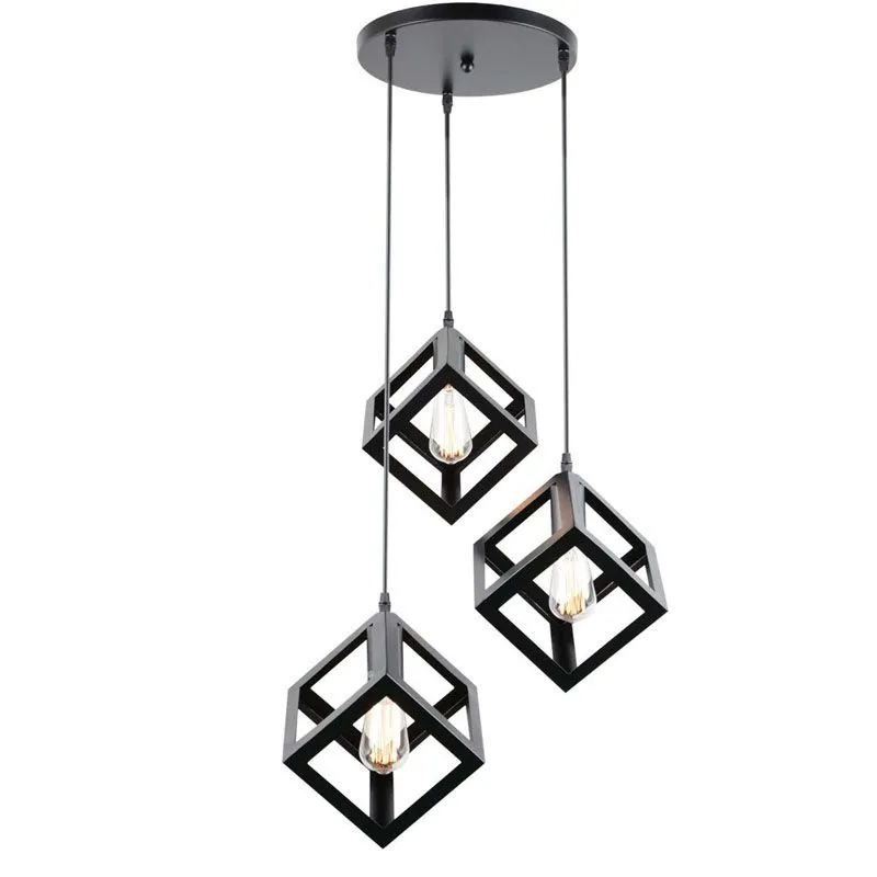 2 Pieces JNC-Black Metal Square Shade Industrial 3-Light Pendant Lighting