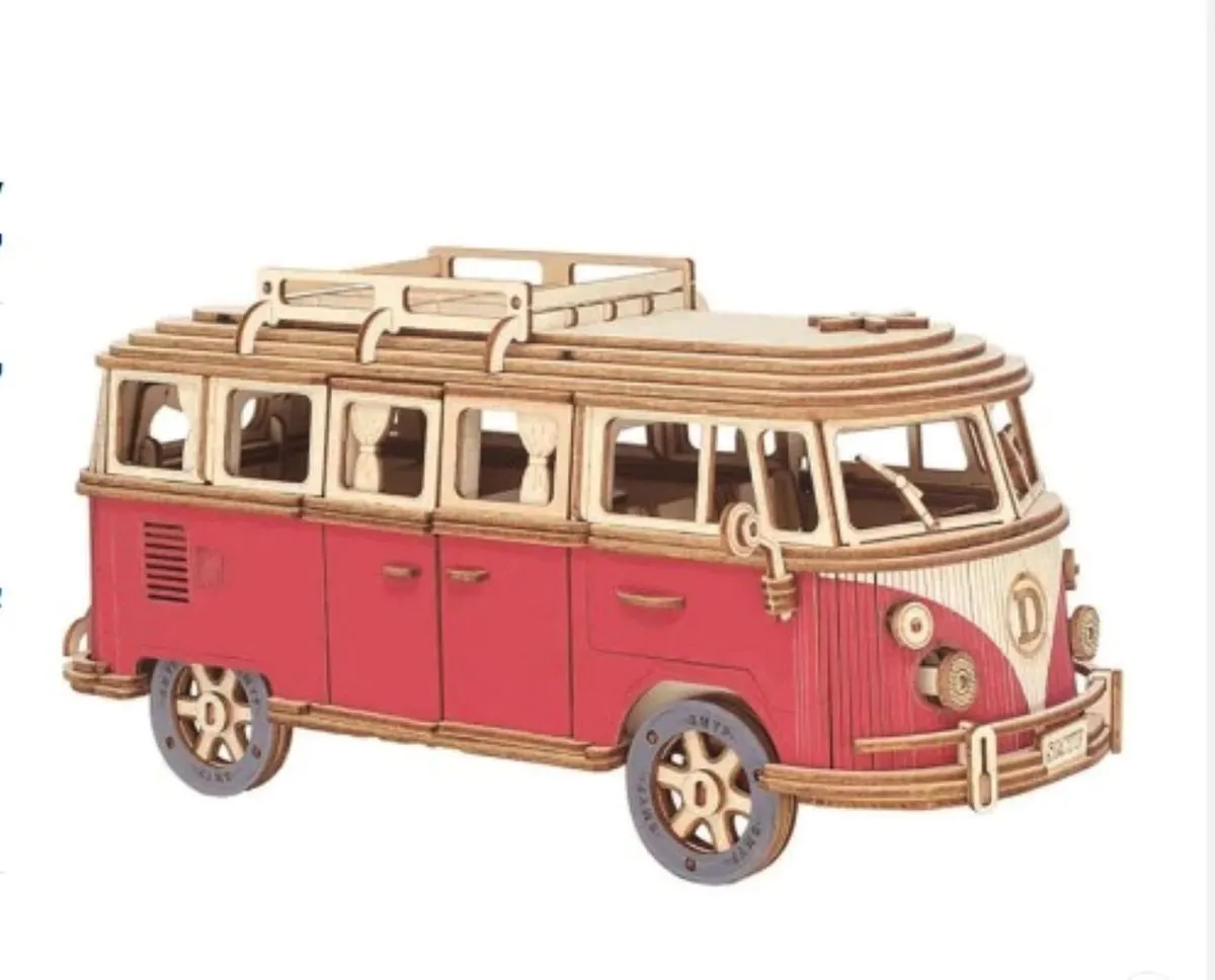 DIY Wooden Retro Bus 3D Puzzle For Children's Education - Red, Brown