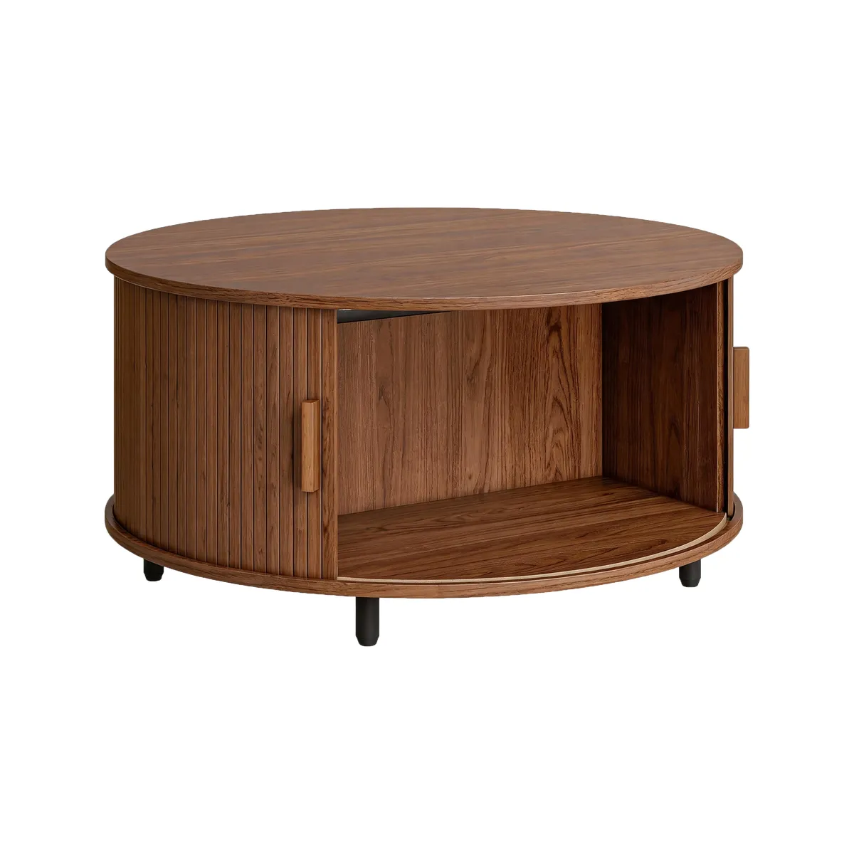 Furnny Walnut Sliding Door Round Coffee Table MidCenturyModern Coffee Table