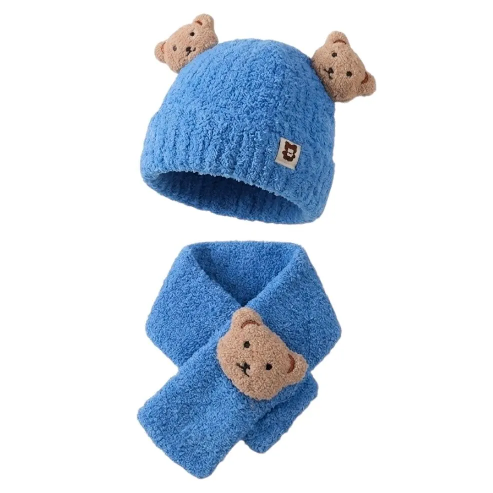 2 pieces Kids Soft Thermal Warm Winter Beanie & Scarf Set Cute Bear Unisex - Blue