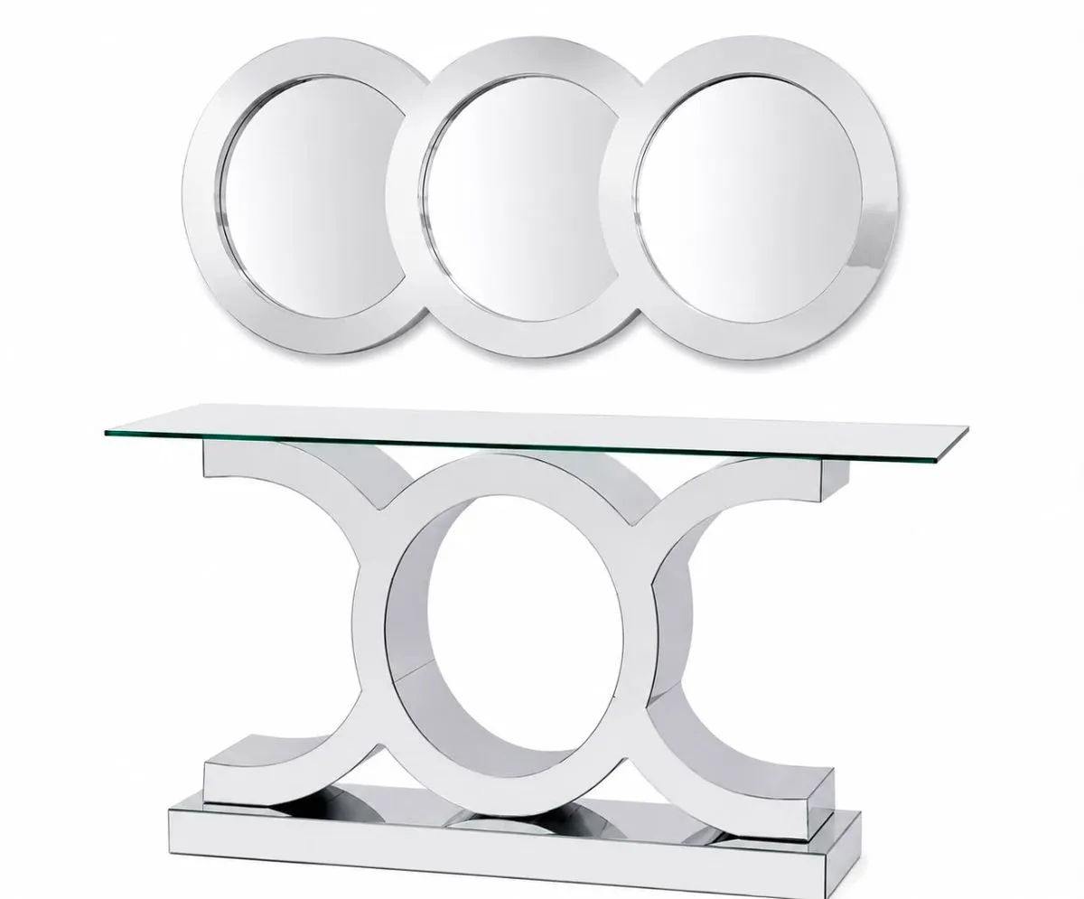 Anaya Luxury Mirrored Console Table with Triple Circle Mirror Set