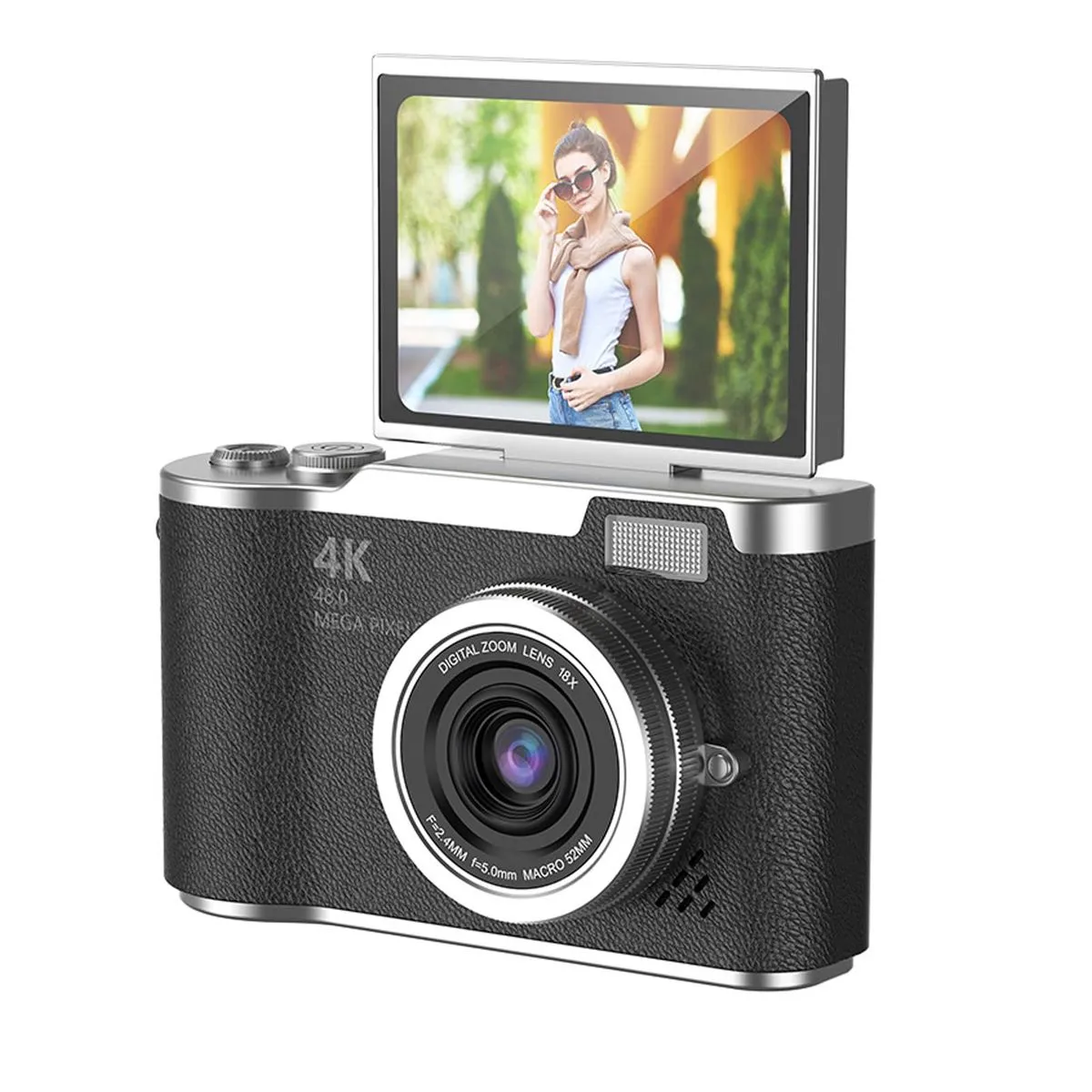 4K Foldable Screen Student Camera 18X Zoom Anti-Shake with Flip Screen - Black