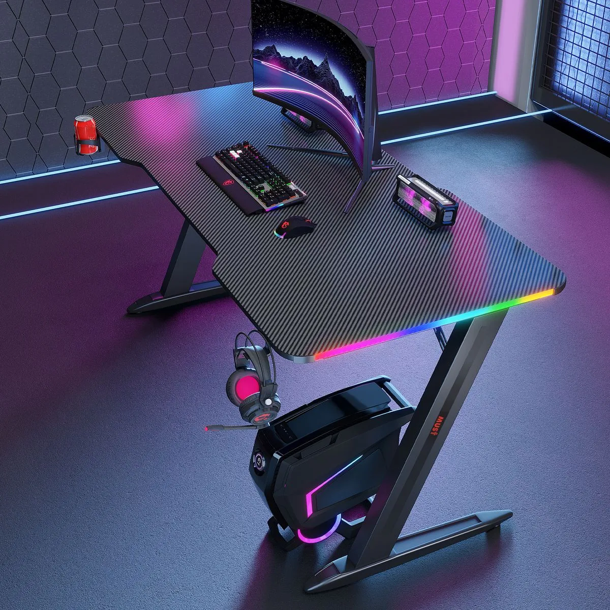 MUST 47" Gaming Desk RGB LED Gamer Desk Z Frame Ergonomic Computer Table - Black