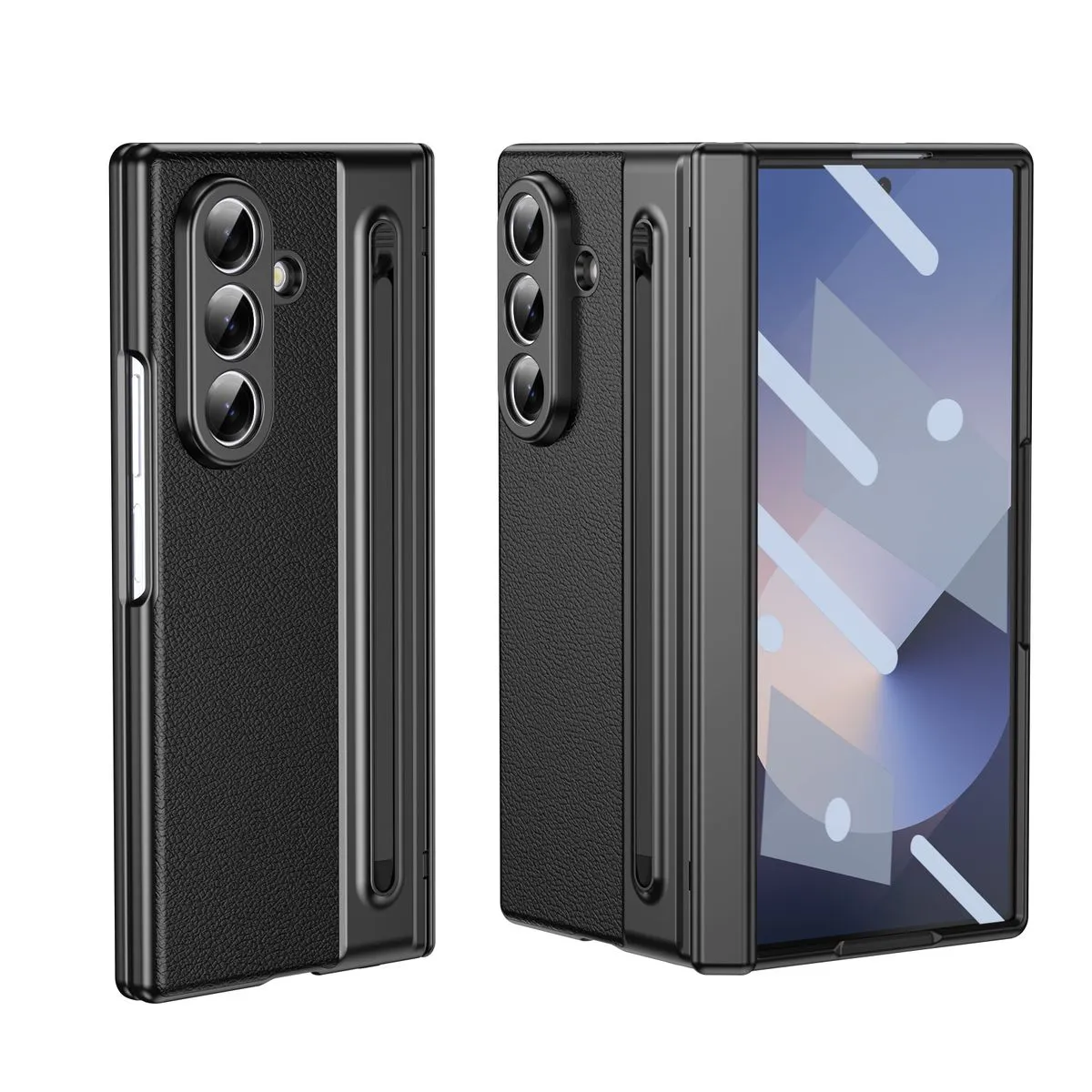 Phone Case Compatible With Samsung Z Fold 7 Leather Hinge Folding Cover - Black