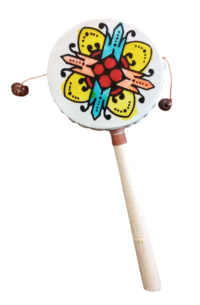 Rattle Hand Drum - 20cm - Yellow, Blue Mandala Design