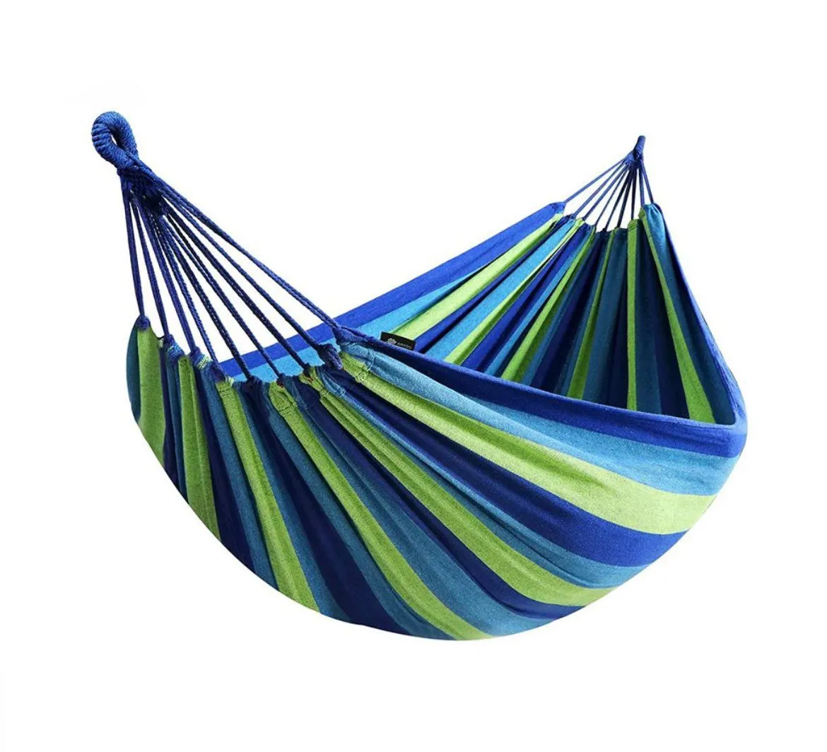 Outdoor Garden/Patio Striped Design Hammock With Wooden Rods-Blue