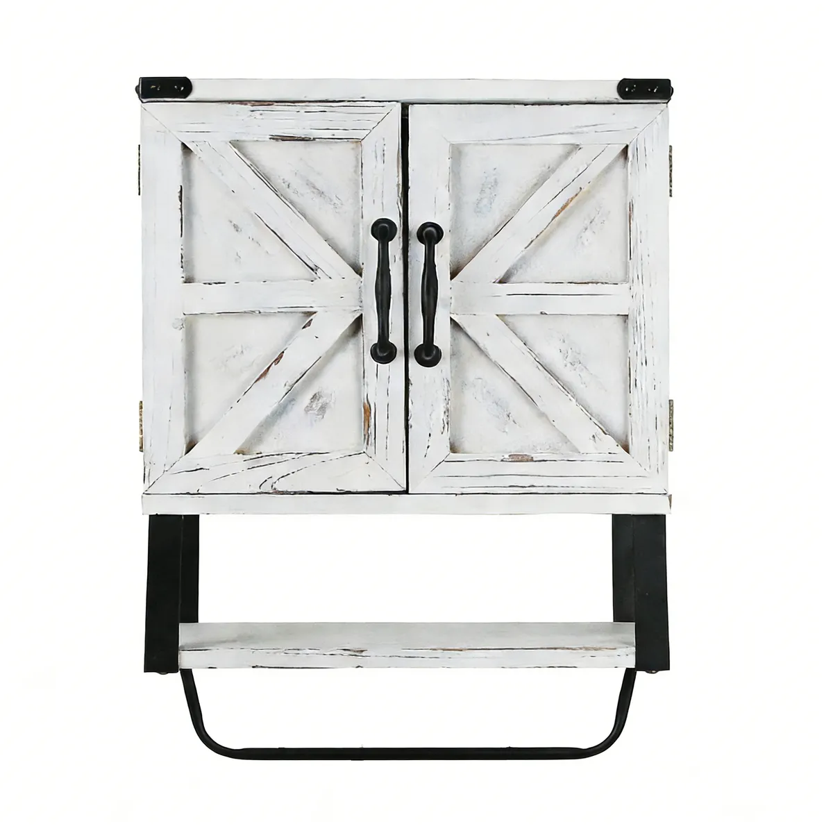 Vintage Wood Wall Cabinet, Open Partition & Towel Bar - White