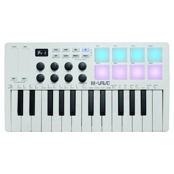 M-VAVE 25 Key, 8 Pads & 8 Knobs USB MIDI Keyboard Controller with Bluetooth - White