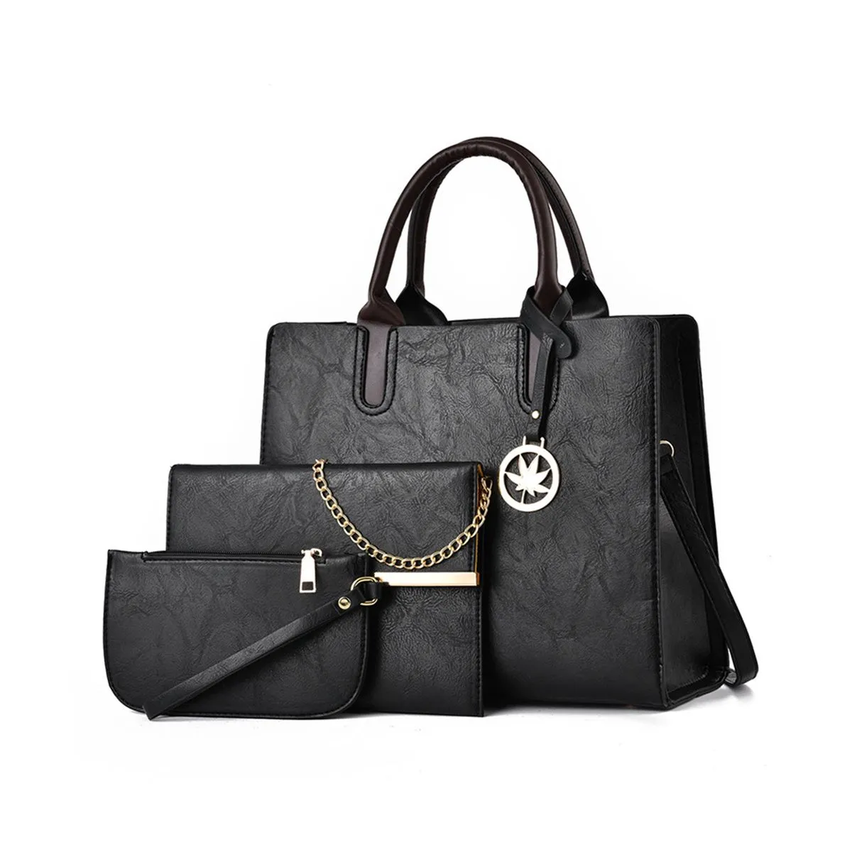 3 Pcs Women Handbags Sets Large Capacity Handbag Chain Shoulder Bag Purses - Black