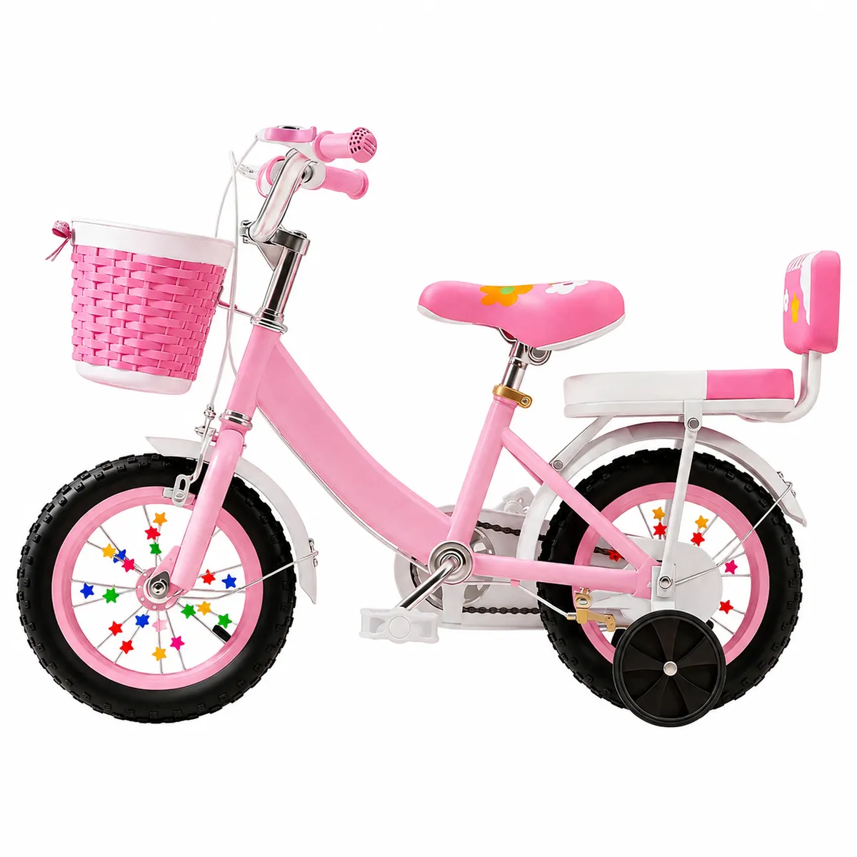 Cherry Pink Girls Kids Bike 12/14/16 Inch With Backrest & Training Wheels