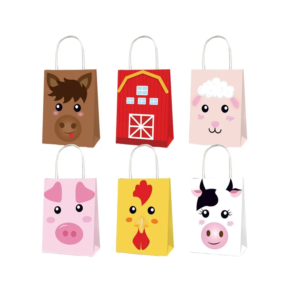 Party Favor Bags with Handles - Farm Animal Faces Theme - 12 Bags